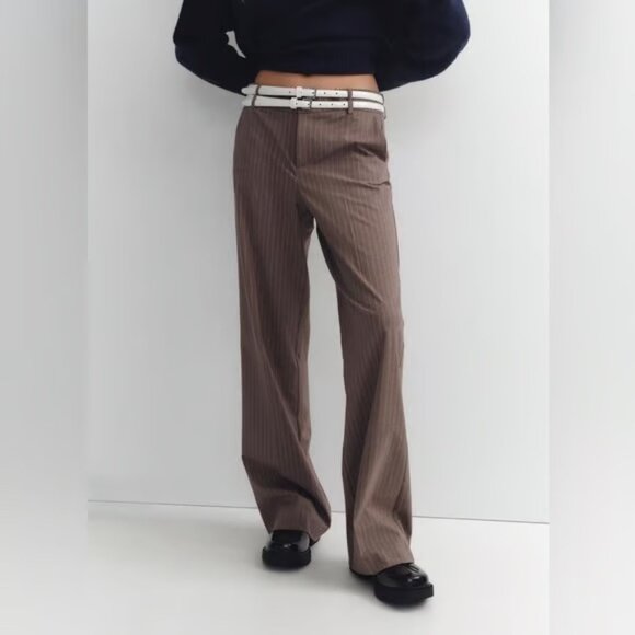 NWT! ZARA Woman Double Belt Pinstriped Belted Dress Pants Trousers | Size M - Picture 1 of 13